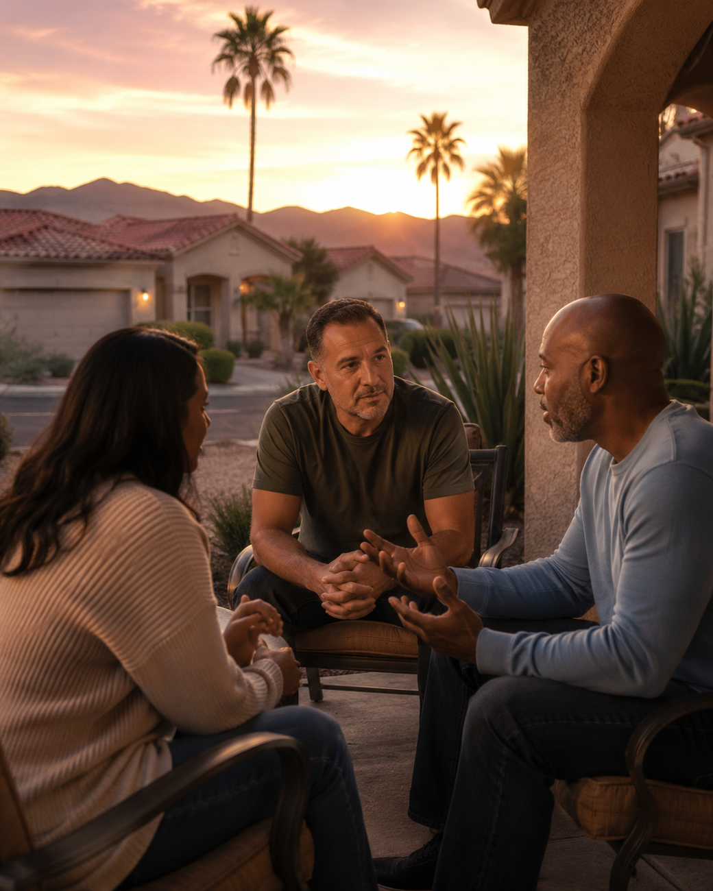 Recovery support group talking on a patio in Las Vegas