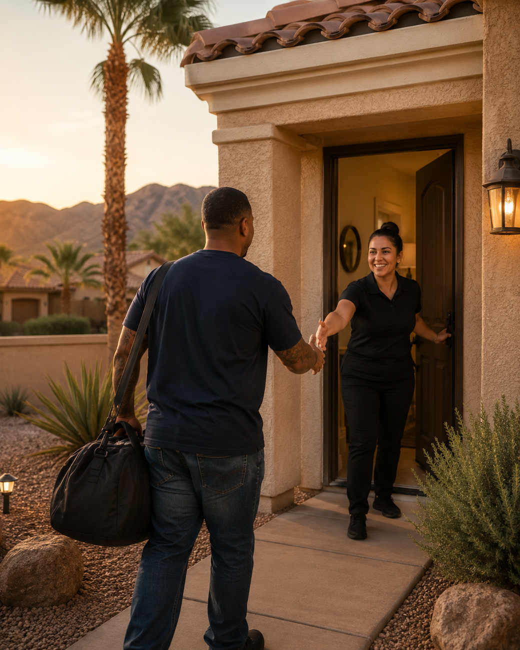Welcome home handshake at the front door — reentry housing in Las Vegas