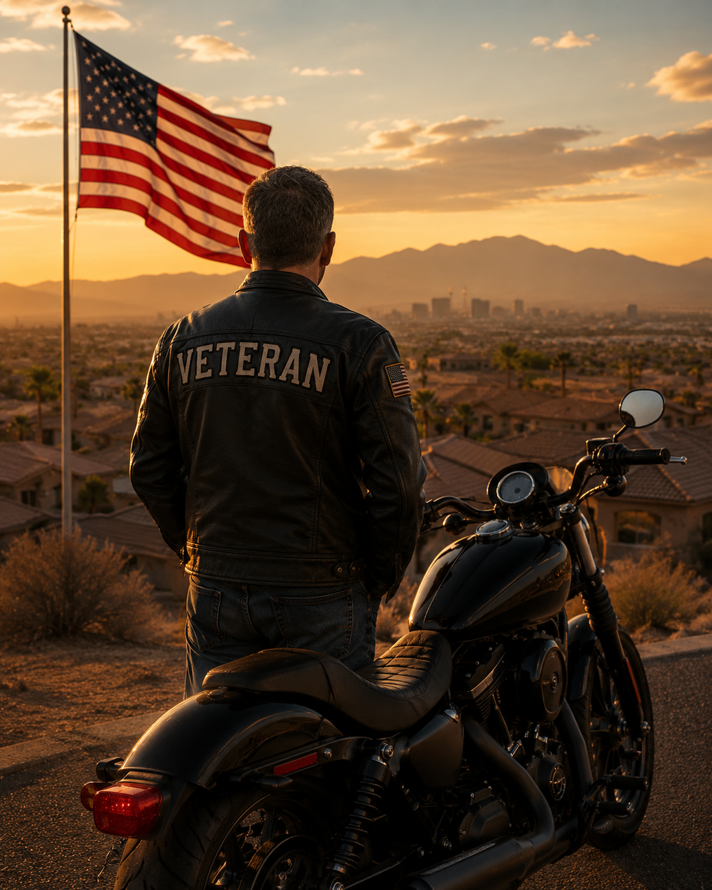 Veteran with motorcycle and American flag overlooking Las Vegas